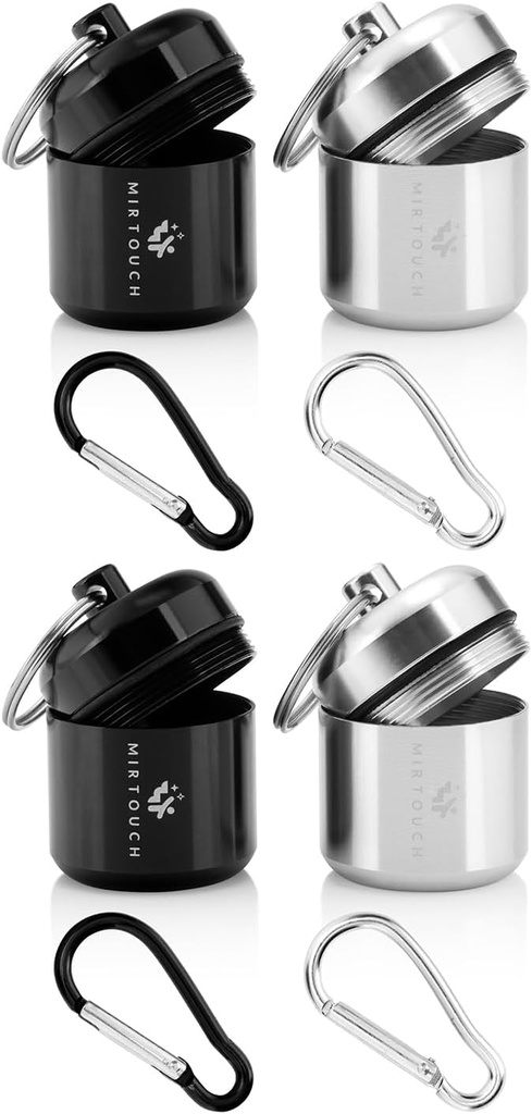 Portable Keychain Pill Holder Case for Round Glucose Tablets & Critical Medicine - Discreet Waterהוכחה Key Chain Pill Container נשא with Strong Carbiners - אלומיניום Alloy Pill Fob Box - 4 Pack