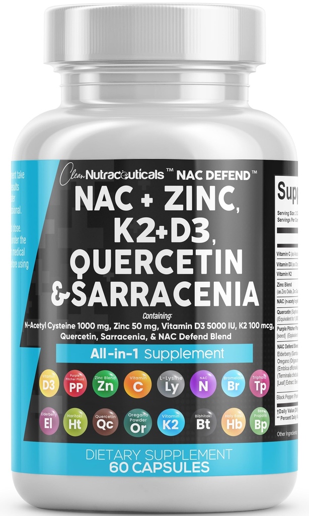 NAC תוסף N-Acetyl Cysteine ויטמין D3 K2 Zinc Quercetin Sarracenia Purpurea Immune תמיכה; Elderberry Holyזיל Bee Propolis L-Lysine קפסולות תוספי עבור נשים גברים מבוגרים