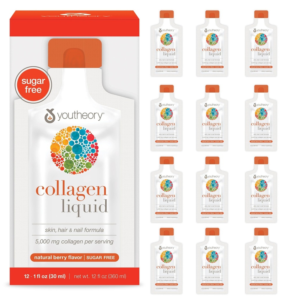 Youtheory Collagen נוזל - 5,000 מ"ג - עבור צמיחת שיער, עור וציפורים * - תומך משותף, עצם ובריאות שרירים * - עם Amino Acids - ברי פלאמור - 12 חבילות שירות יחיד (12 יום אספקה)