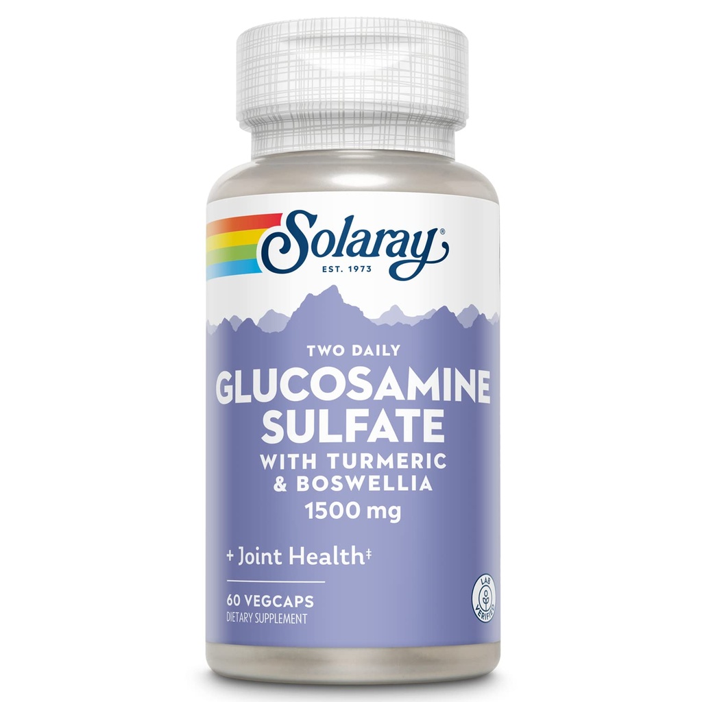 SOLAרי Glucosamine Sulfate 1500 מ"ג, תוספת תמיכה משותפת בריאה, Powerful Connective Tissue and Joint Health Formula with Turmeric & Boswellia, 60-Day Money Back Promise, 30 משרת, 60 VegCaps