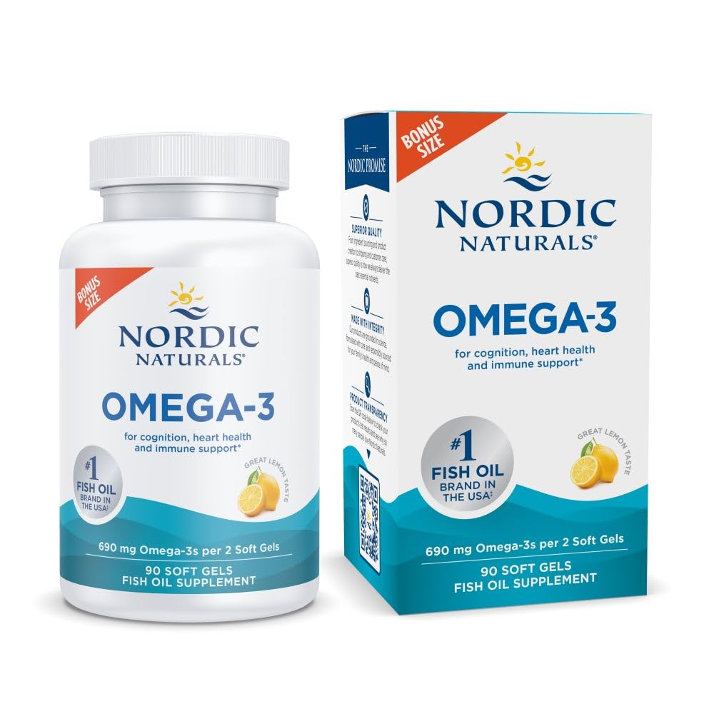 Nordic Naturals אומגה 3, Lemon Flavor - 90 Soft Gels - 690 מ"ג אומגה 3 - שמן דגים - EPA & DHA - Immune Support, Brain & Heart Health, Optimal Wellness - Non-GMO - 45 משרתים