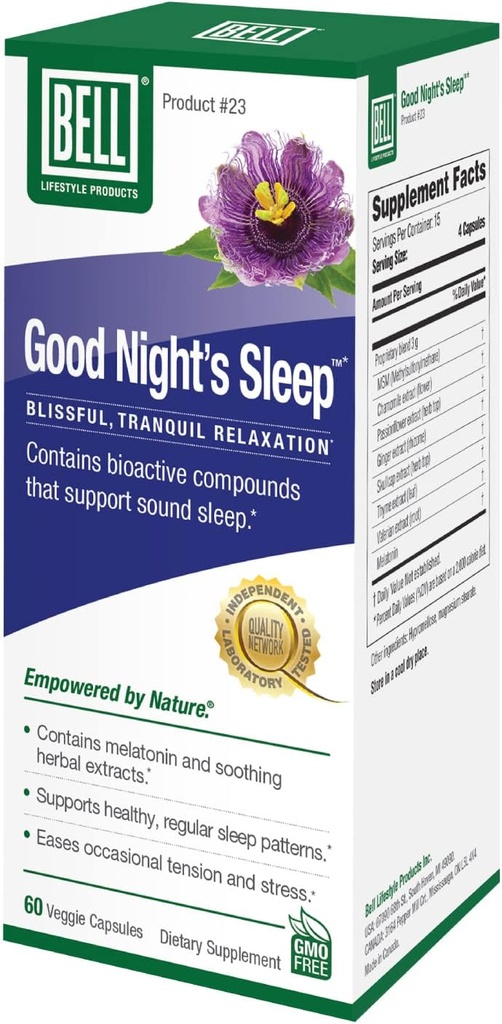 Bell Lifestyle Good Night's Sleep - Natural Sleep Support with Melatonin and Herbal Extracts, תומך ב-Relaxation & Sleep Patterns, 60 ווג'י קפסולות