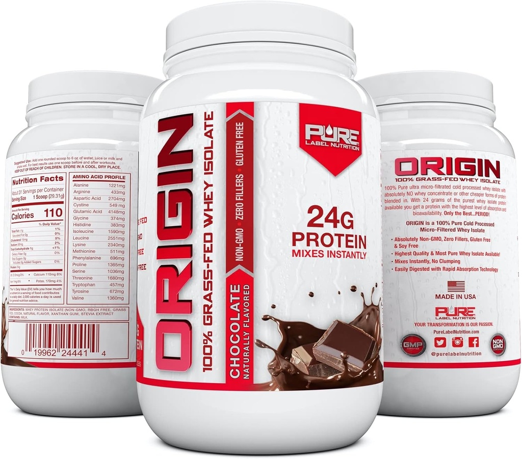 Pure תווית תזונה 100% Grass-Fed, שוקולד Whey Isolate אבקת חלבון (24g) עם Amino Acids חיוני, עבור טרום ופוסט עבודה התאוששות & שריר בניין, שומן נמוך פחמימות נמוך - 2lbs - 2lbs