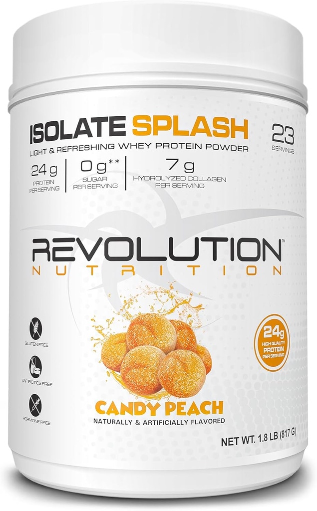 תזונה מהפכנית, Isolate Splash, Clear Whey חלבון אבקת, חלבון Juice-Type, Candy Flavour, Collagen, 24g של חלבון Per Scoop, Zero Sugar, 817g, 23 משרתות (Candy Peach, 1.8 פאונד)