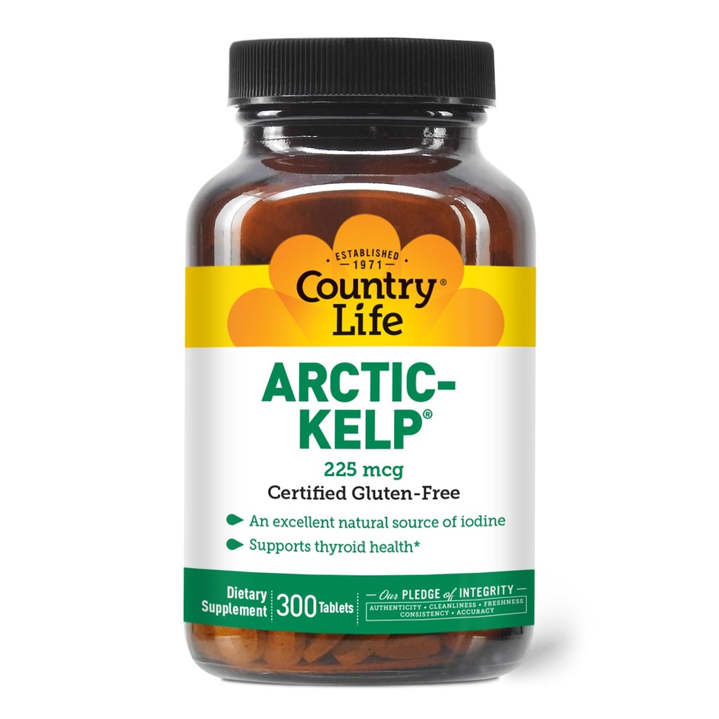 Country Life Arctic-Kelp – Natural Iodine Supplement for Thyroid and Immune Support - Vegan, Gluten-Free, 225 mcg - אידיאלי לבריאות Thyroid, Hypothyroidism ו- Adrenal Support, 300 טבליות