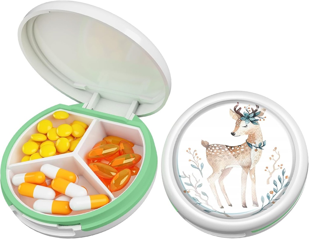 Serfeymi Small Pill Box - 3 השוואתיות ב- Portable Pill Box for Purse Pocket, Compact Mini Travel Pill Case - מתאים לרפואה, ויטמין, שמן דגים, תוספים - לבן (Deer)