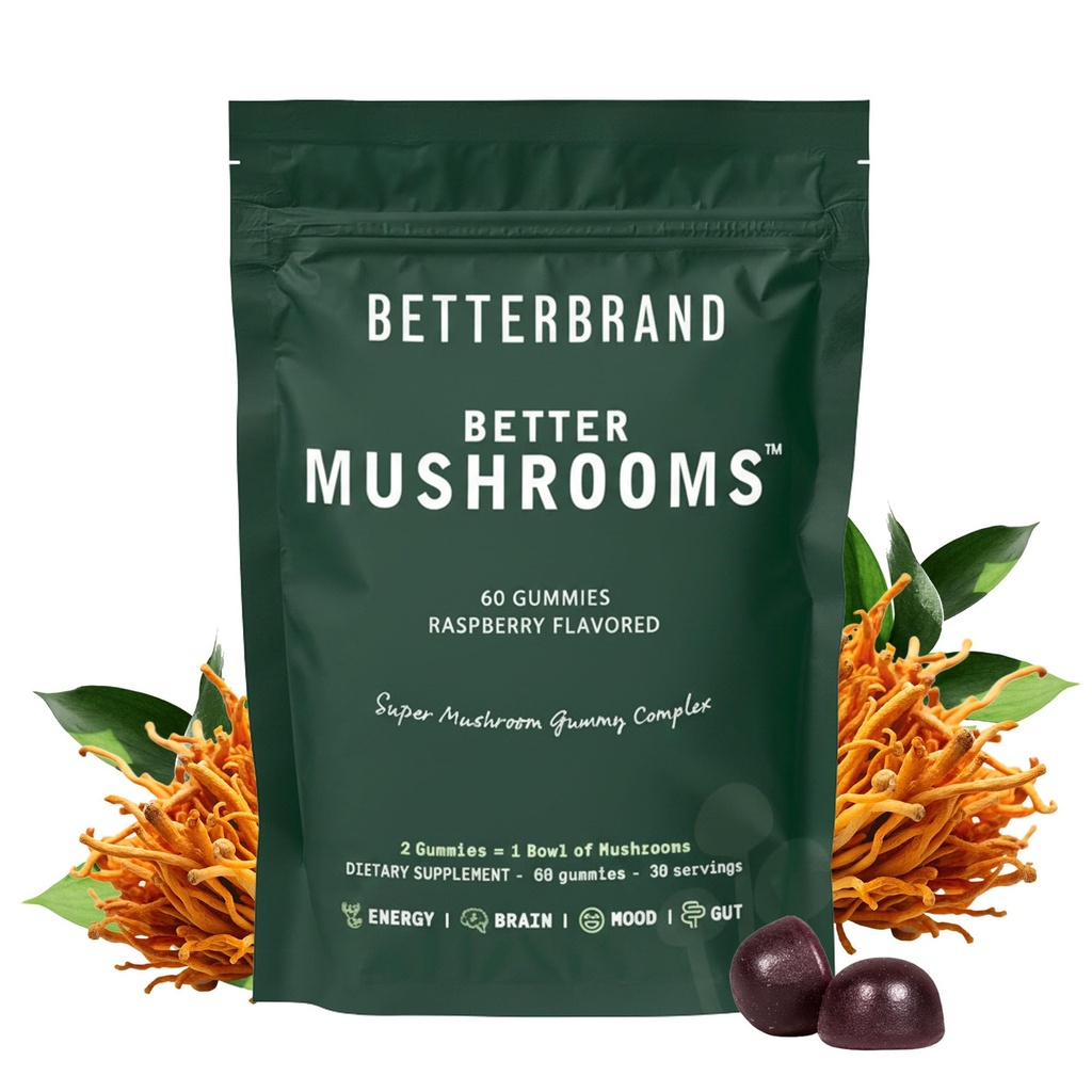 Betterbrand BetterMushrooms Nootropic Gummies - תמיכה טובה יותר לבריאות, פונקציונליות קוגניטיבית, בהירות נפשית עם 10 פונקציונלי Mushrooms - 60 מסטיק - Raspberry Flavor - Pack של 1 1