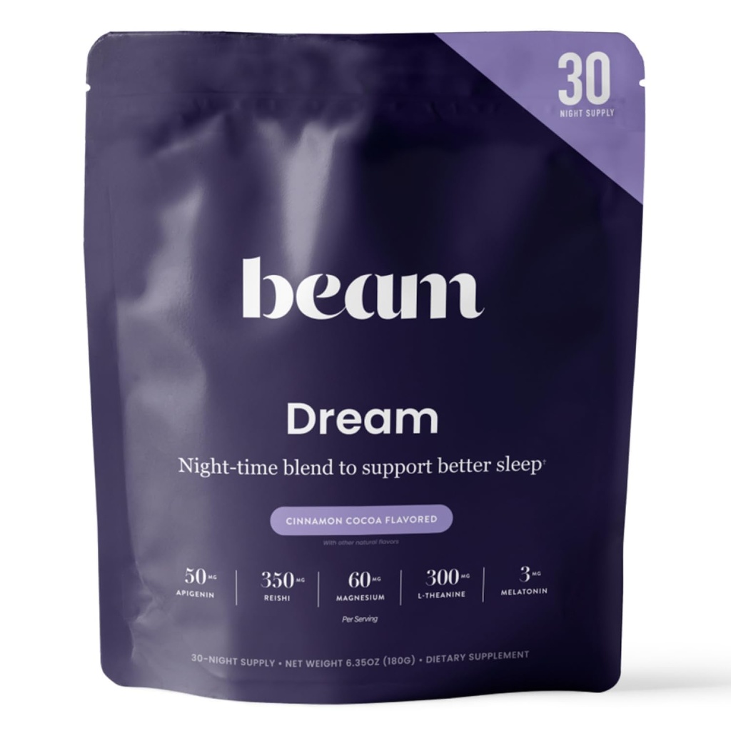 אבקת שינה Beam Dream Sleep, L-theanine, Apigenin, Reishi ו- Magnesium, צד שלישי בדק תוספי שינה טבעית ושינה עבור שינה עמוקה, הירגעות ושיקום, תמיכה בשינה טבעית, 30 משרתים
