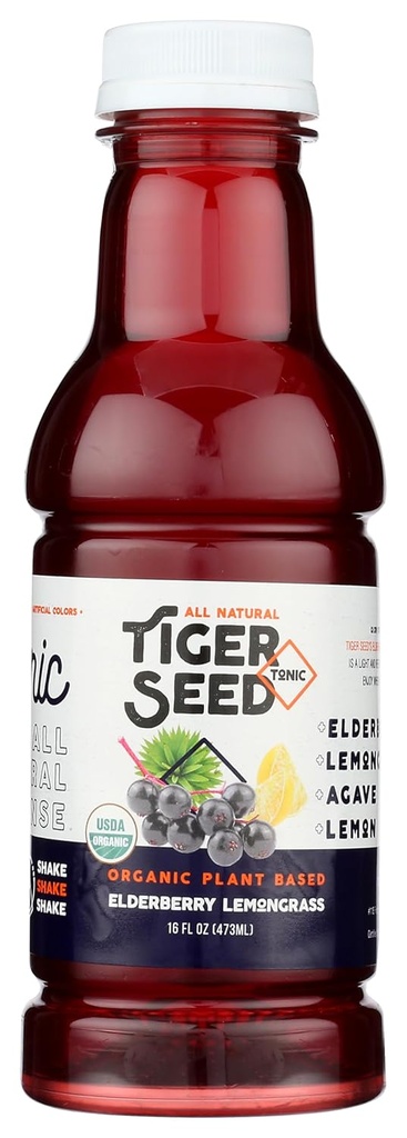 Elderberry Lemongras - Tiger Seed - Plant Based hydrotion & Immune Support - 16 FL OZ בקבוקים (Pack of 9) אורגני, טבעוני, כשר, נמוך-סוכר
