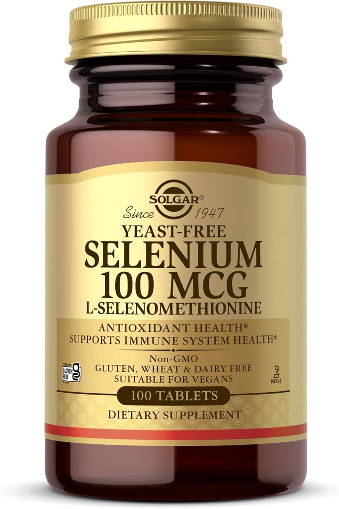 Solgar Yeast-Free Selenium 100 mcg - 100 טבליות - תמיכה אנטיoxidant & Immune System Health - Non-GMO, Gluten Free, Free, חלב, כשר - 100 משרתים