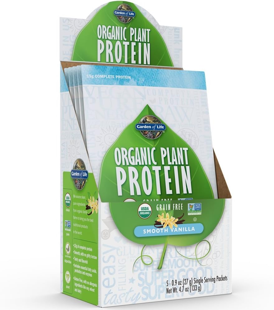 Garden of Life Organic Plant אבקת Smooth Vanilla - Single Serve Packets (5-Pack) - טבעוני, Grain Free & Gluten Free Plant שקד עם 1B CFU Probiotics & Enzymes, 15g חלבון