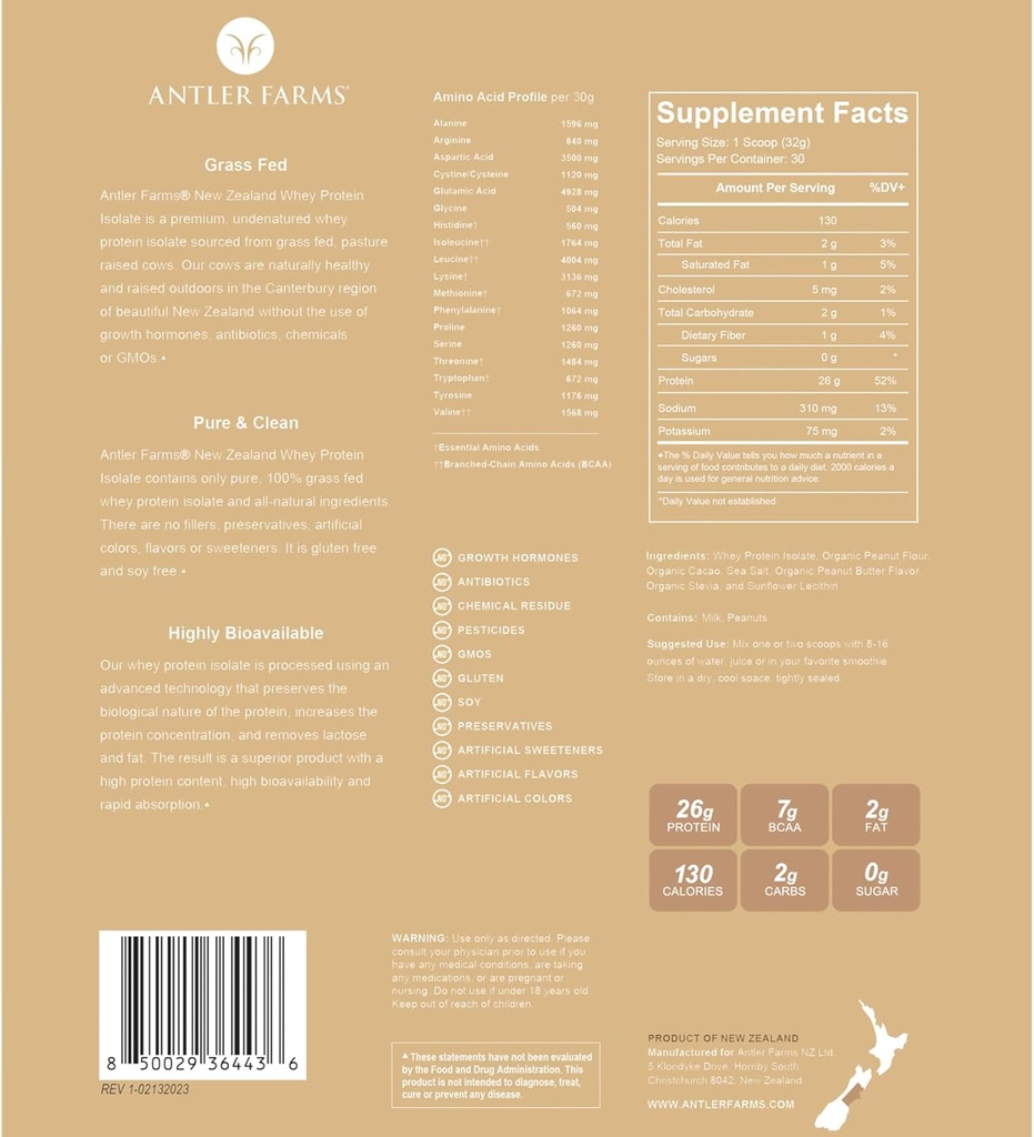 חוות אנטלר - 100% Grass Fed New Zealand Whey Protein Isolate, Peanut Butter Chocolate Flavor, 2 lbs - טהור ונקי, 7 רכיבים, Cold Processed