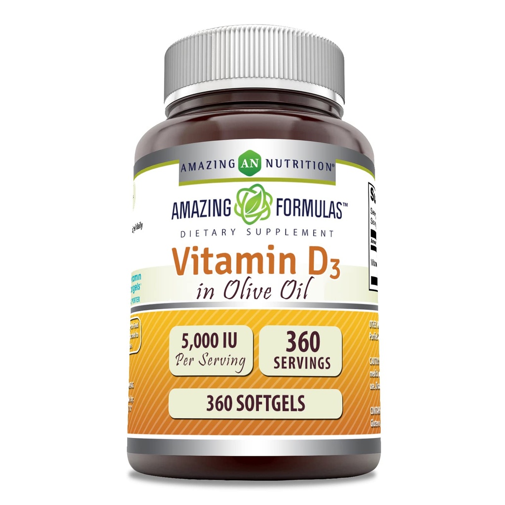 פורמולה מדהימה ויטמין D3 בשמן זית 5000 IU תוסף | Softgels | Non-GMO | Gluten-Free | Made in USA (1 Pack | 360 Count)
