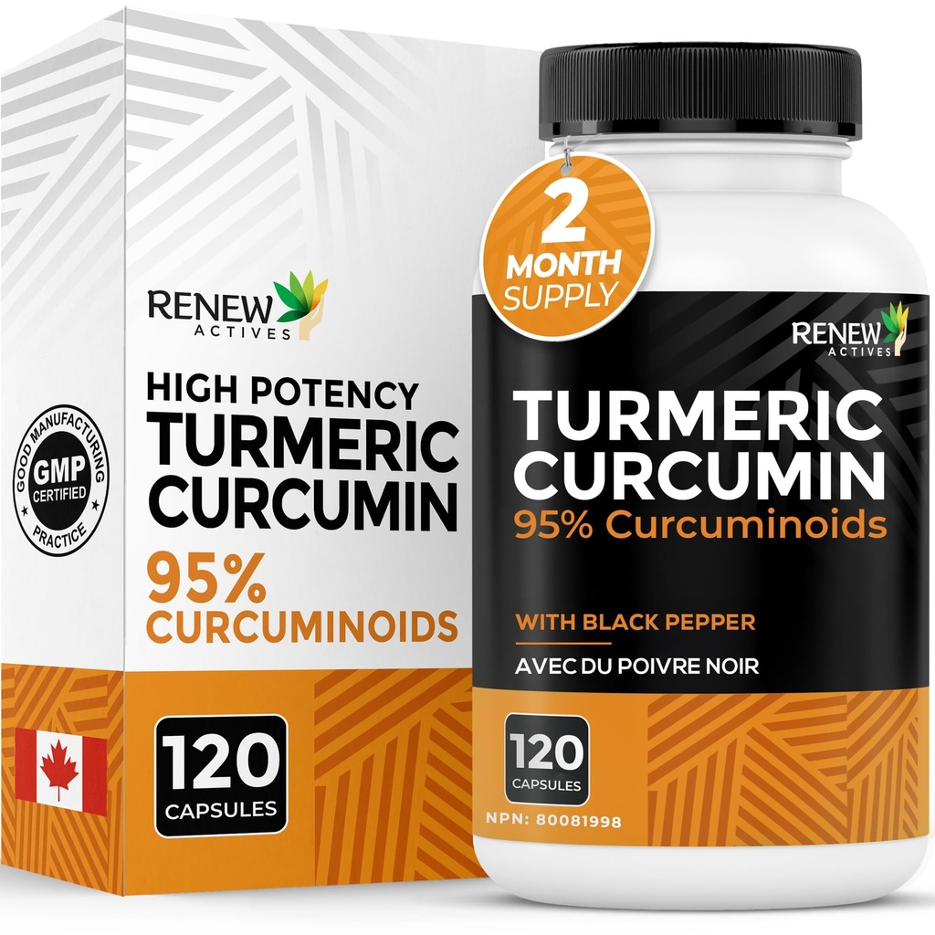Renew Actives Turmeric Curcumin עם Black Pepper - 600MG Turmeric Root, 100MG Curcuminoids ל 2 קפסולות - תמיכה עיכול, בריאות Liver, עזרה משותפת וניידות - מיוצר בקנדה - 120 קפסולות