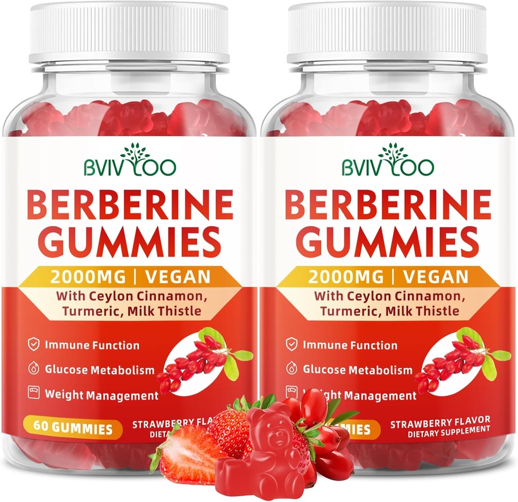 2 Packs Berberine Gummies,Sugar חינם 2000 מ"ג גבוה עוצמה ברבריינה HCI תוספת, Plus Ceylon Cinnamon, חלב זהה עבור נשים וגברים, Immune System & Metabolism תמיכה - 120 מסטיקנים