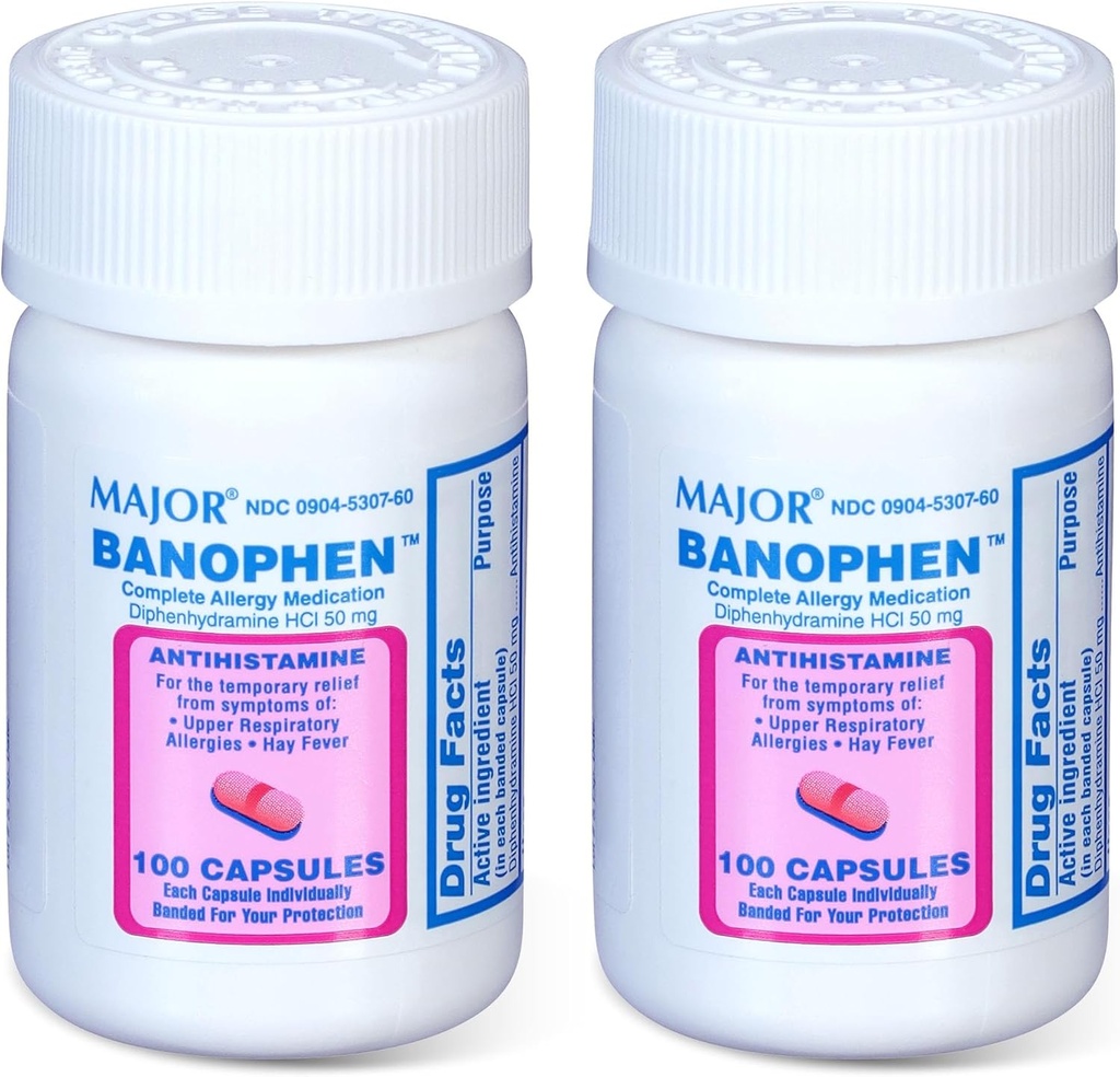MAJOR Banohpen - תרופה אלרגיה מלאה - Diphenhydramine HCI 50 מ"ג - Antihistamine - 100 קפסולות (2 Pack)