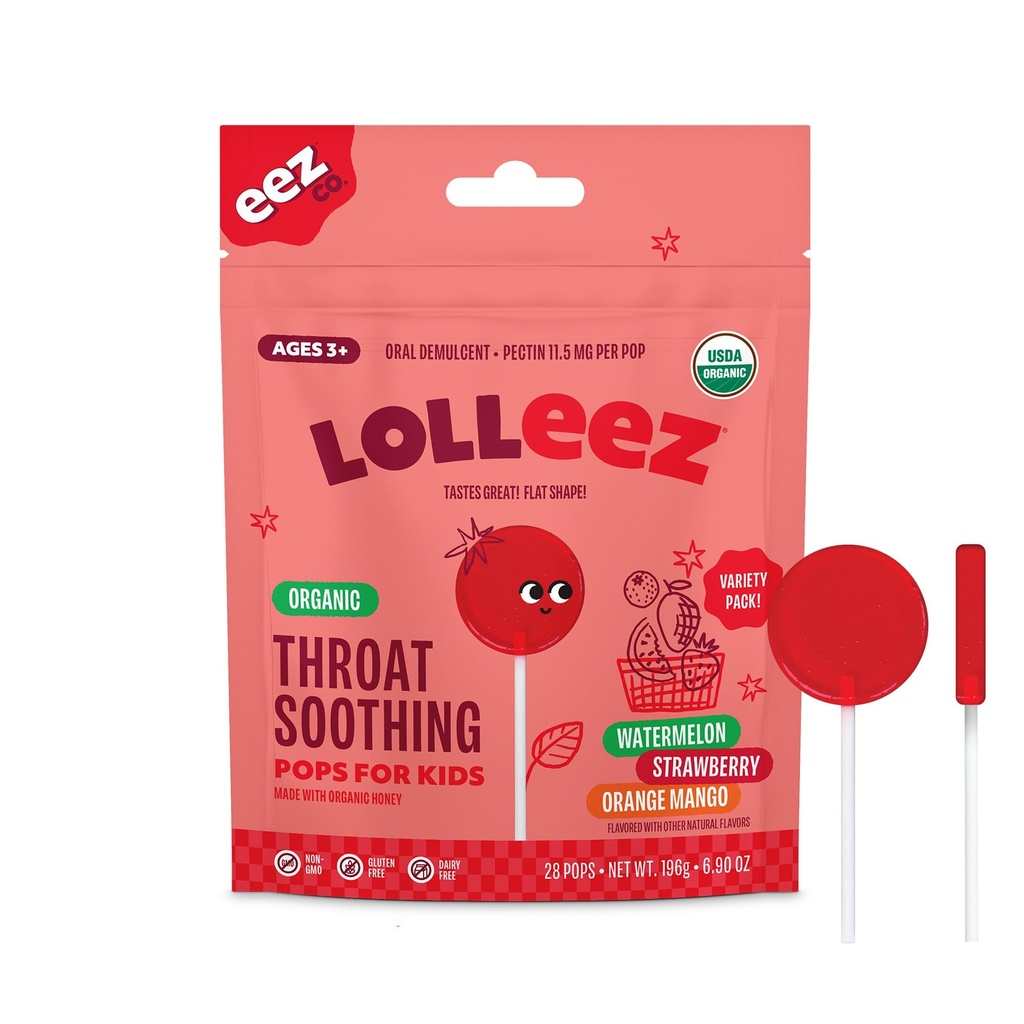 Lolleez אורגני Lollipop עבור ילדים Sore גרון הקלה, Variety Pack מושלמת עבור Soothing A Sore גרון בעוד Tasting Great, Strawberry, Watermelon & Orange מנגו, 28 הרוזן הרוזן הרוזן