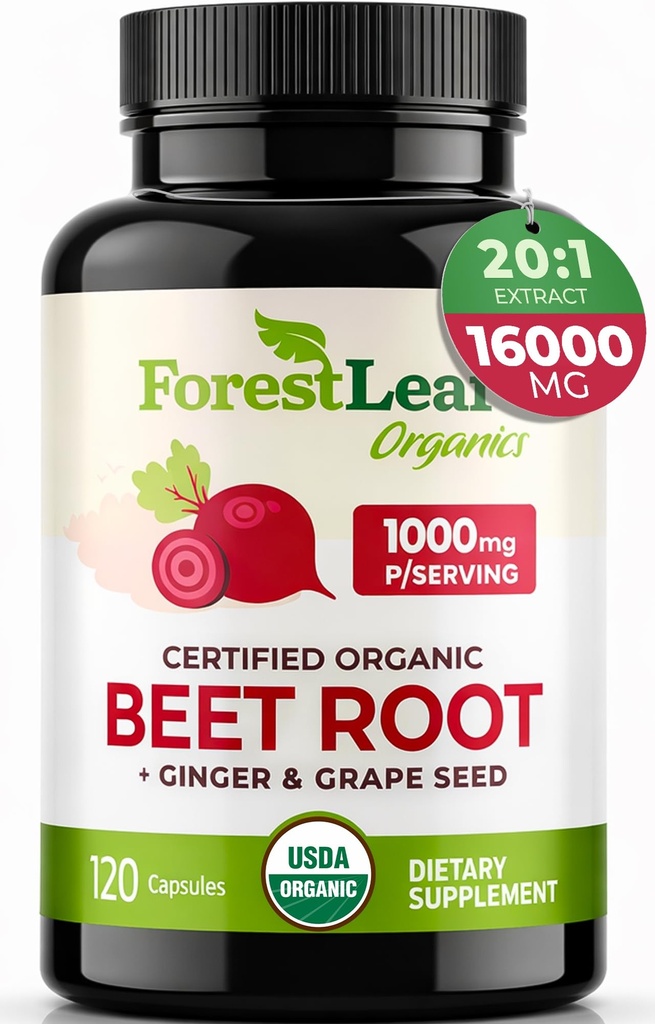 ForestLeaf Organic Beet Root כמוסות - תוסף Beetroot 16000 מ"ג כוח 20:1 גלולות לחלץ w / Ginger Grape Seed | תמיכה בלחץ הדם, Nitric Oxide, Flow, Circulation