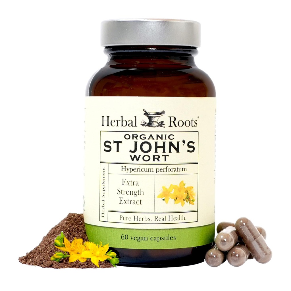 Herbal Roots סנט ג'ונס Wort קפסולות | 450 מ"ג לשרת | Pure St. John's Wort with No Binders or Fillers non GMO | 60 קפסולות טבעוניות