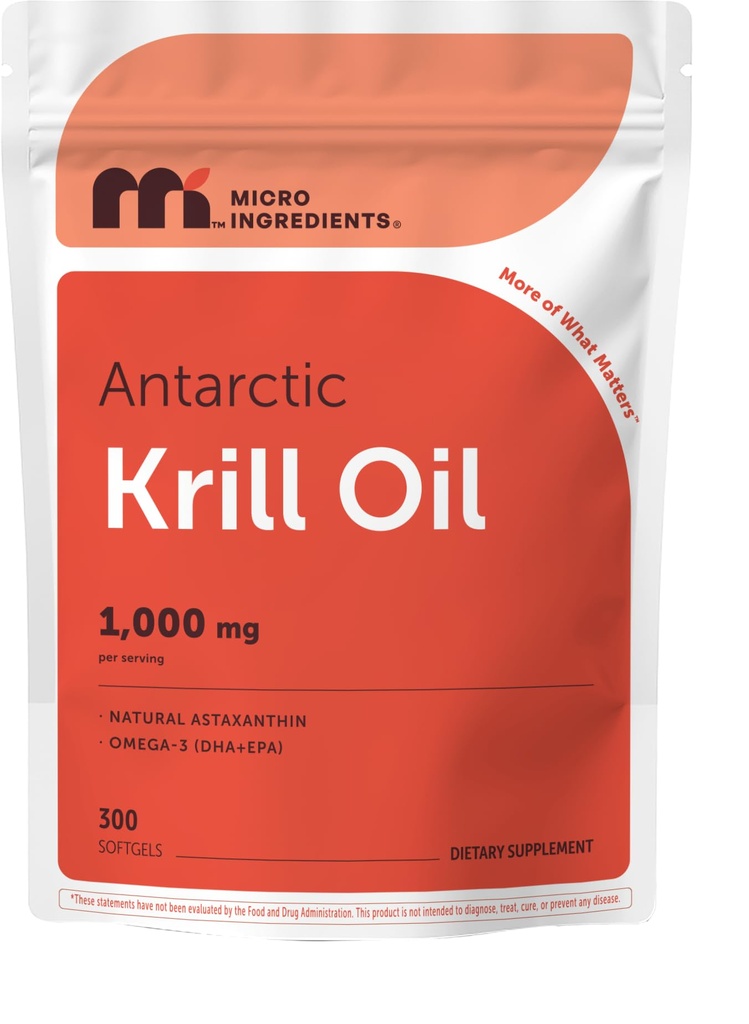 Micro Ingredients אנטארקטיקה שמן קריל, 1000mg Per משרת, 300 Soft-Gels, Rich in אומגה 3s EPA, DHA & Natural Astaxanthin, תומך במערכת החיסון ובריאות המוח, קל ל Swallow