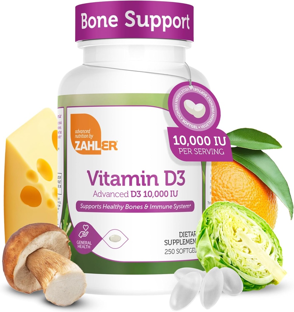 Zahler - ויטמין D3 10,000 IU Softgels (250 הרוזן) ויטמין ידידותי צמחוני D עבור תמיכה בחיסון, עצמות, שיניים ובריאות שרירים - Easy Swallow VIT D 3