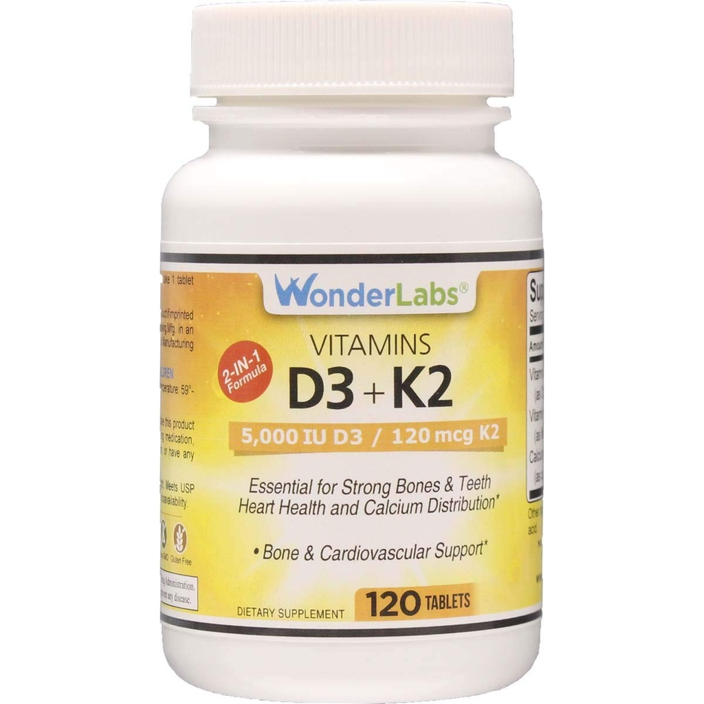 Wonder Laboratories ויטמין D5,000 IU, ויטמין D3 + K2 תומך במערכת חיסונית בריאה, חיונית עבור עצמות חזקות, בריאות לב, והפצת קלוריות, 120 טבליות