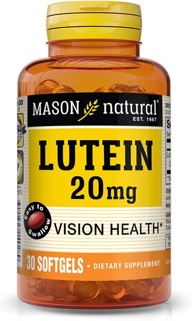MASON NATURAL Lutein 20 מ"ג עם ויטמין E - חזון בריא ותפקוד עיניים, תומך בריאות העין, 30 Softgels