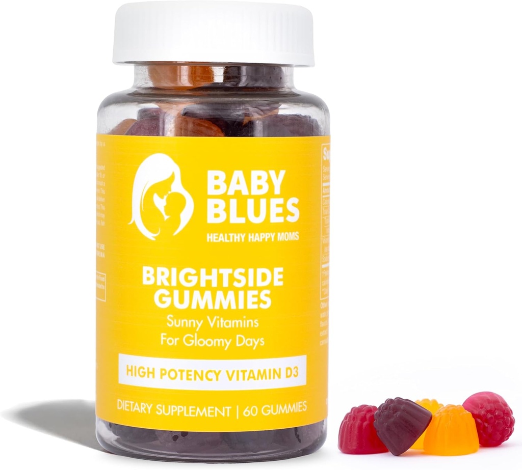Baby Blues Brightside ויטמין D3 Gummies - High Potency Immune, Mood & Bone Support - Peach מנגו סטרוברי - תוספת טבעונית לאחר הלידה עבור אמהות - non-GMO, Gelatin-Free