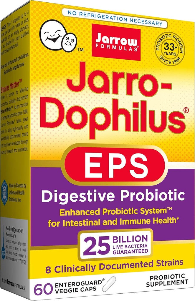 Jarrow Formulas Jarro-Dophilus EPS גבוה יותר, 25 מיליארד תאים Per Veggie קפסולות, תומך בריאות מעיים Gasto, 60 Count (Cool Ship, Pack of 2)