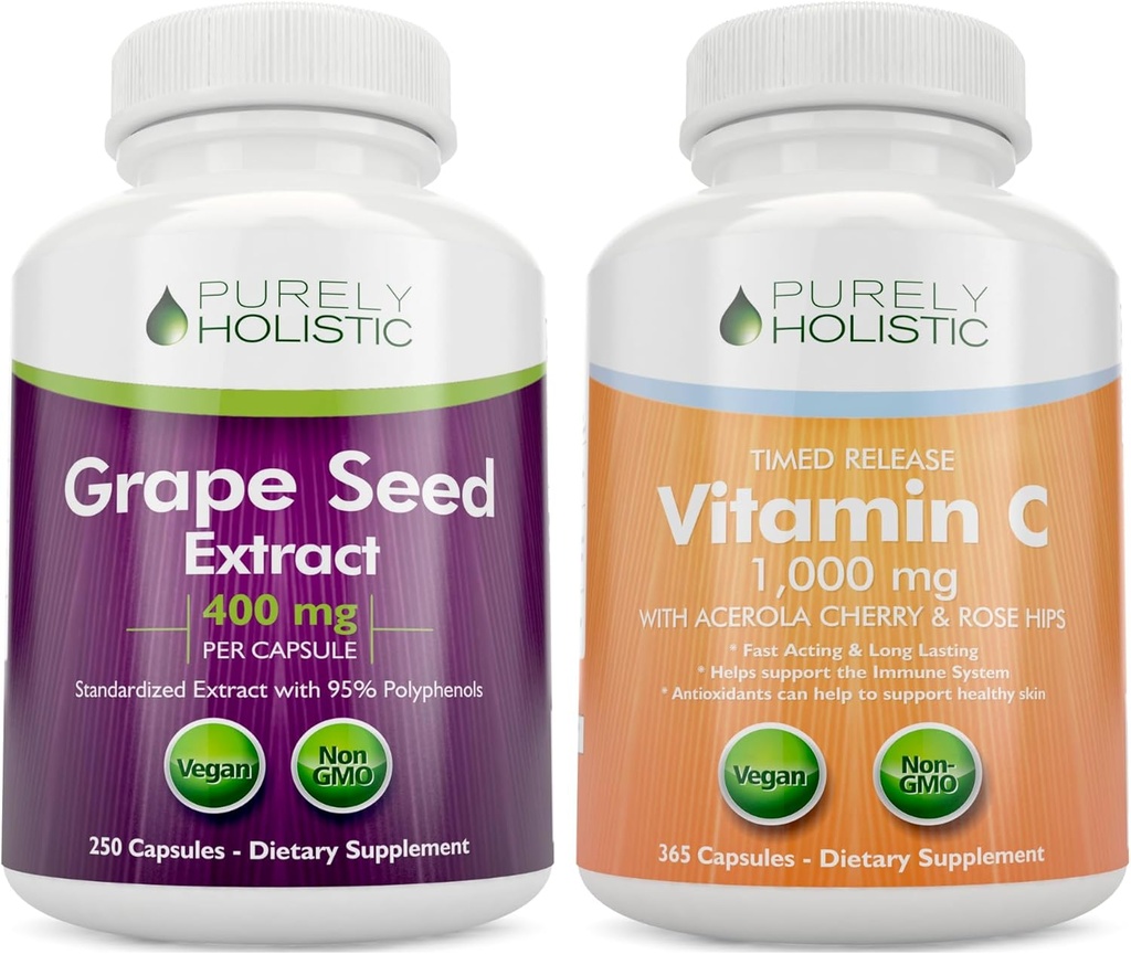 Purely Holistic Grape Seed לחלץ 400 מ"ג + ויטמין C 1000 מ"ג זמן לשחרר Bundle - 615 קפסולות טבעוניות - המיוצר בארה"ב