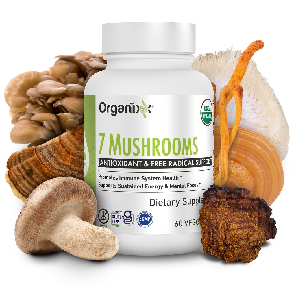 תוסף אורגני Mushroom, 7 Fermented Mushrooms - Lions Mane, Shiitake, Cordyceps, טורקיה Tail, Reishi - עבור Imm & Digest תמיכה, 60 קפסולות צמחוניות