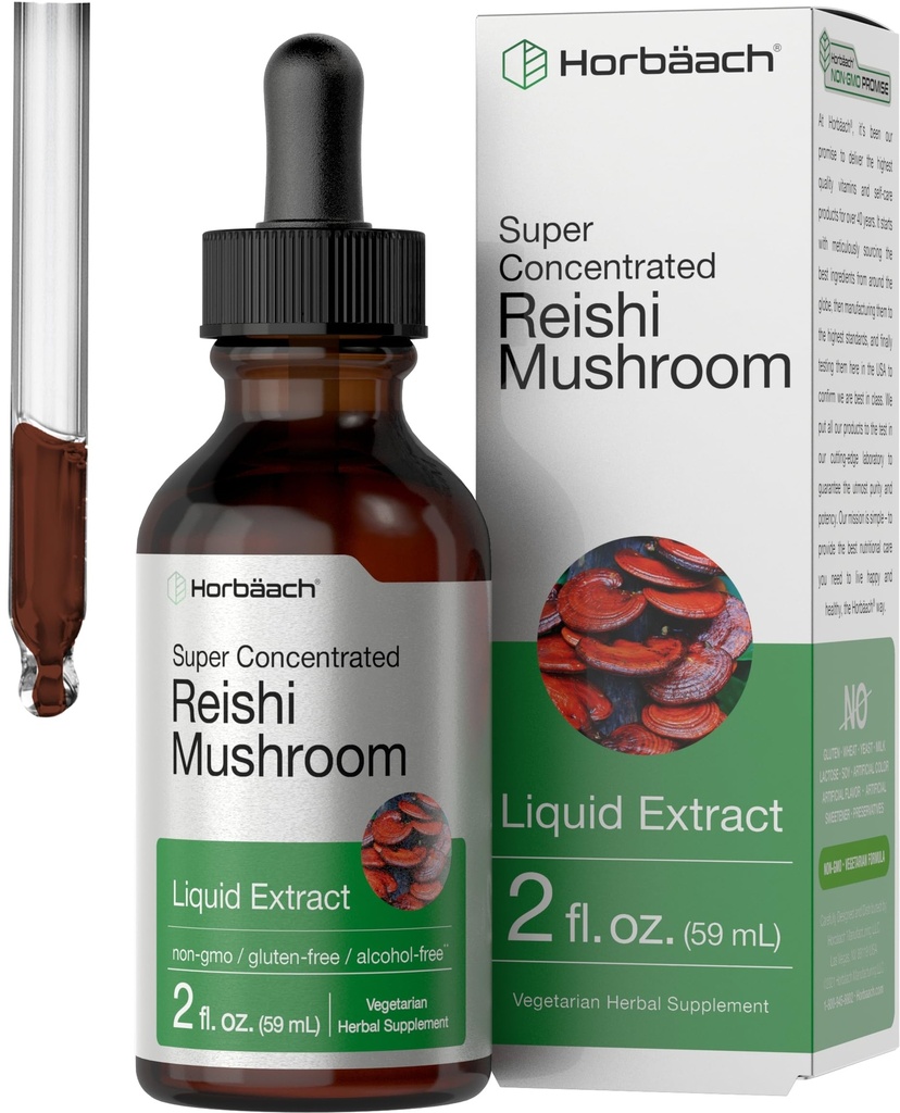 Horbäach Reishi Mushroom לחלץ Tincture | 2 Fl Oz | טיפות נוזליות | Ganoderma Lucidum | Vegetarian, Alcohol Free | Non-GMO, Gluten Free Supplement