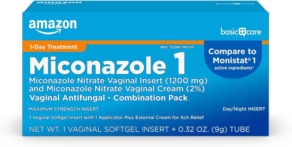 טיפול בסיסי Miconazole Nitrate Vaginal הכנס 1200 מ"ג ו Miconazole Nitrate Cream 2 שילוב Vaginal Yeast זיהומים, לבן, 0.32 Ounce (Pack of ), הרוזן 1