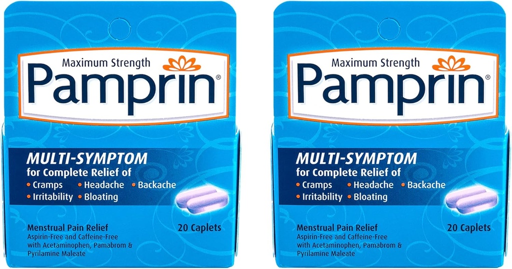 Pamprin Multi-Symptom פורמולה, עם Acetaminophen, סימפטומים תקופתיים Manstrual כולל Cramps, כאב, עצבנות ו Bloating, 20 Caplets (Pack of 2)