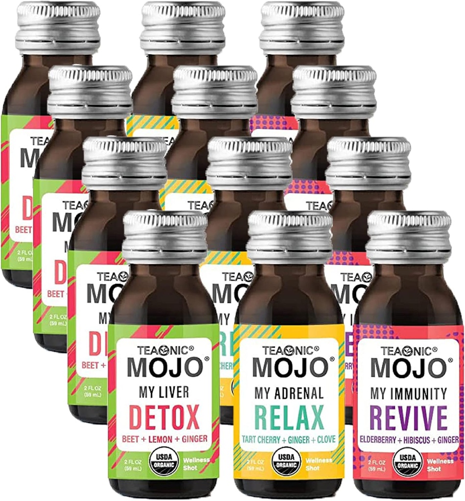 TEAONIC Wellness Shots - Variety Pack: Stay, Revive, Detox Shots, USDA-Certified אורגני Shots, 12 Pack, 2 Fl. Oz כל אחד.