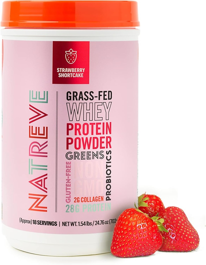 אבקת חלבון נטורווה - 28g Grass-Fed Whey חלבון עם Amino Acids, Probiotics & Collagen - Gluten Free Strawberry Shortcake, 18 משרתים