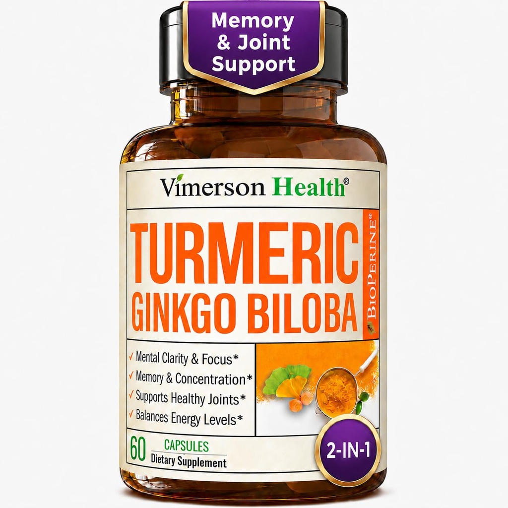 ג'ינקגו Biloba ו- Turmeric Curcumin תוספת עם Black Pepper & אורגני Tumeric - תוספת טבעית Turmeric עבור Focus, Memory, Joint & Brain Health - 60 טבעוני גינקו בילובה קפסולות עם Curcuma