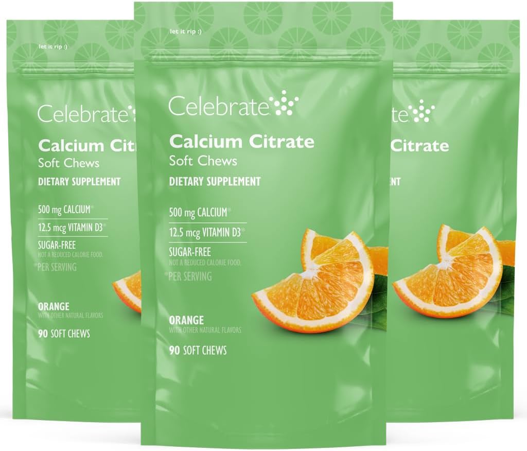 חוגגים ויטמין Bariatric 500 מ"ג Calcium Citrate Chews עם 500 IU ויטמין D3 - Essential for Gastric Bypass חולים & Bone Health - Sugar & Gluten Free, Orange (270 Chews)