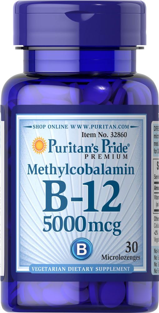 Puritans Pride Methyhydrobalamin ויטמין B-12 5000 Mcg-30 Microlozenges, 30 Count Count