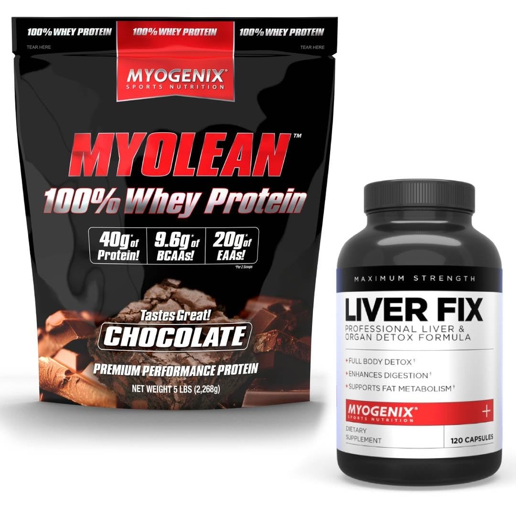 Myogenix Liver תומך תוסף & Myolean שוקולד Whey חלבון - Advanced Liver Health & השרירים Recovery with 40g High-Protein Whey - תמיכה Detox, growth & Performance