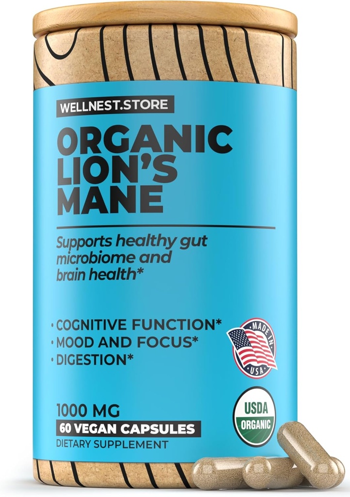 Lions Mane Mushroom אורגני תוסף (Hericium Extracts) 60 Veggie Caps - Immune Support Supplement; שיפור התפקוד הקוגניטיבי + קידום Vitality, להגן על תאים עצביים