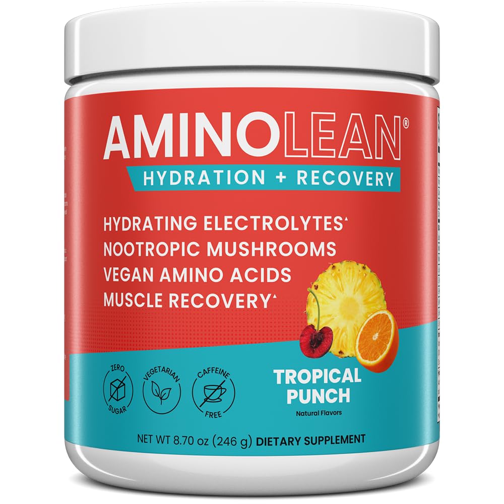 AminoLean hydroting אבקת אלקטרוליט ושותה התאוששות עם מינרלים ים, nootropic Mushrooms, ואת טבעוני Amino Acids, BCAAs + EAAs for Post Workout שריר בניין, טרופי Punch