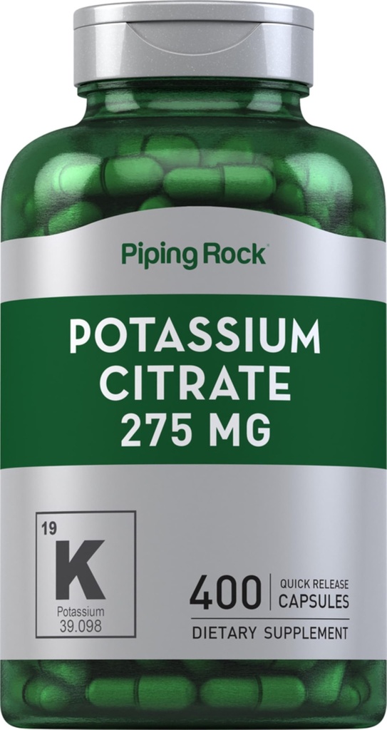 Piping Rock Potassium Citrate תוסף | 275 מ"ג | 400 קפסולות | Non-GMO, Gluten Free