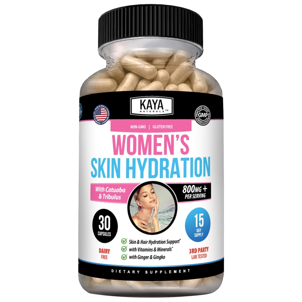 Kaya Naturals Skin hydrotion ויטמינים - גלולות נשים - קפסולות גומי - Hydration Booster לנשים - מקדם אנרגיה מוגברת, Mood & Stamina - Reduction in יבשה - 30 Veggie קפסולות