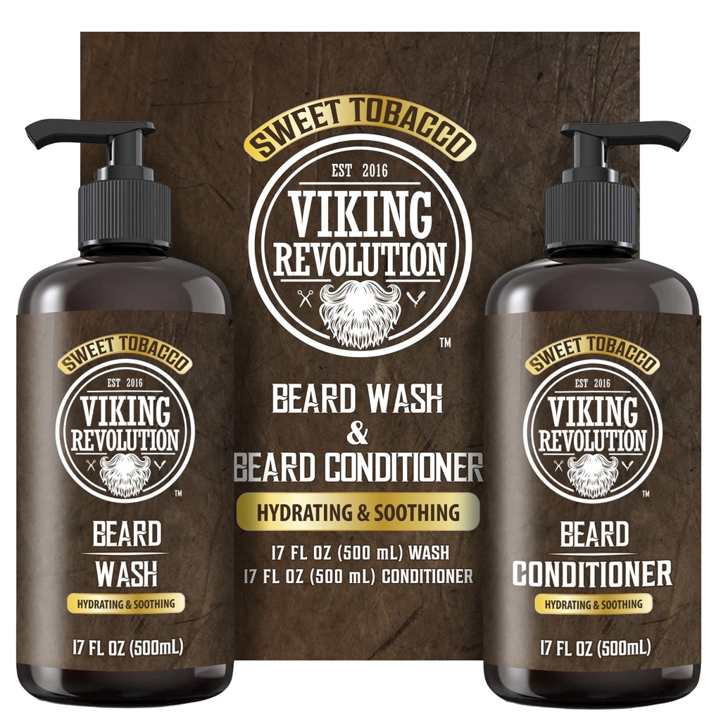 המהפכה הוויקינגית Beard Wash and Beard Conditioner for Men with Argan Oil ו- Jo Joba Oil - Beard Softener and Powerener Beard Care Beard Shampoo and Conditioner with Beard Oil (17oz, Sweet טבק)
