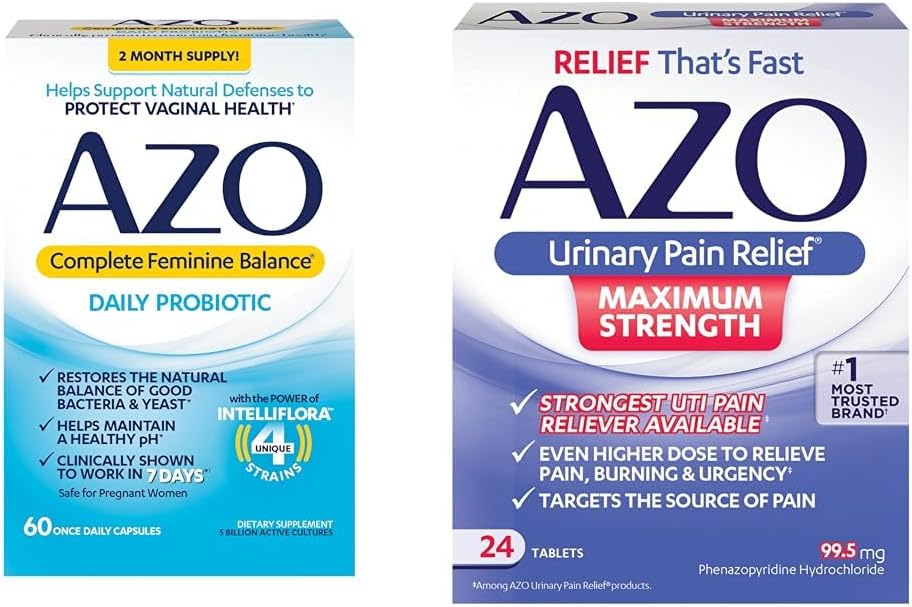 AZO Complete Feminine Balance Daily Probiotics for Women, פרובאנס קליני כדי לסייע בהגנה על בריאות ודמיון וכאבי שיניים להקל על כוח מקסימלי; הקלה מהירה של כאב UTI, Burning & Urgency