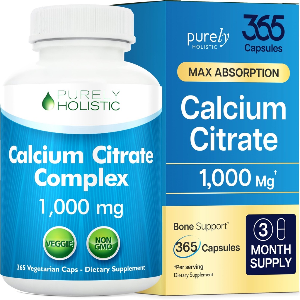 Calcium Citrate 1000 מ"ג - 365 קפסולות טבעוניות לא טבליות עם תוספת Parsley, Dandelion and Watercress - ללא ויטמין D - מיוצר בארה"ב על ידי Purely Holistic