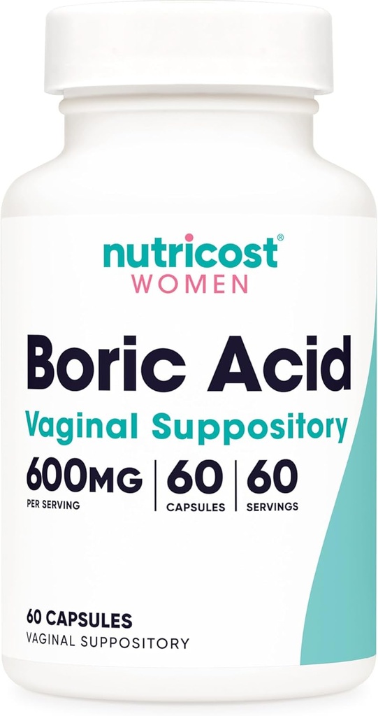 חומרים מזינים Boric Acid 600mg, 60 קפסולות - Vaginal Suppository - Non-GMO - לנשים