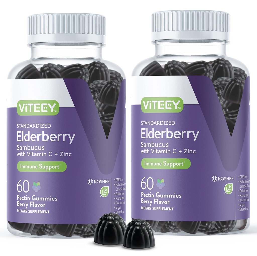 Viteey Sambucus Elderberry Gummies for Adults - Elderberry ויטמין C ו- Zinc Immunity Gummies - טבעוני, Gluten-Free - 120 הרוזן
