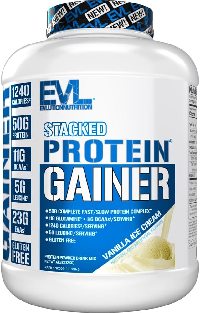 Evlution Nutrition Stacked חלבונים Gainer, 50 גרמים Whey אבקת תרכובת, 251 גרמות Carbohydrates, לבנות שריר, התאוששות, פוסט עבודהout, Gluten-Free (Vanilla Ice Cream, 6LB)